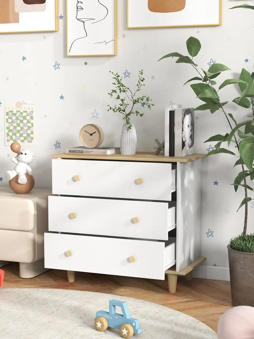 Commode design scandinave 3 tiroirs bois blanc aspect bois clair - Blanc