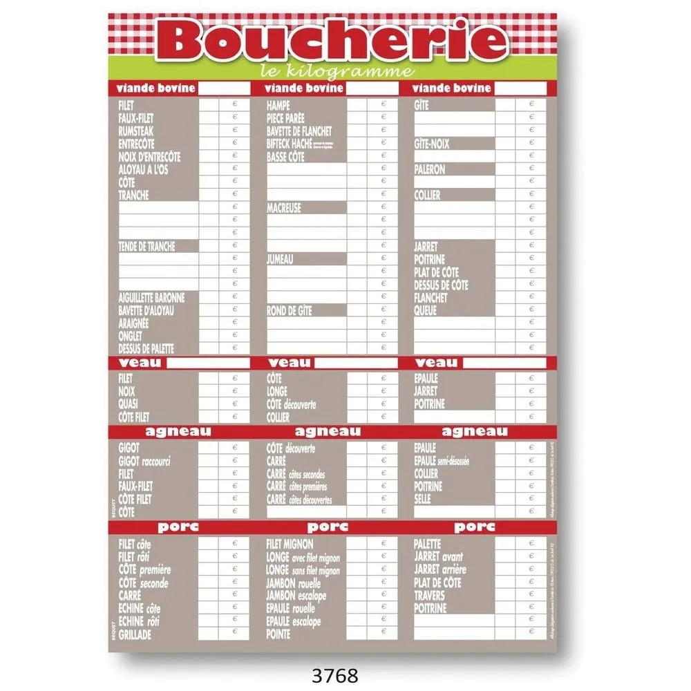 Tableau de tarif boucherie vbvap olga 70x97cm